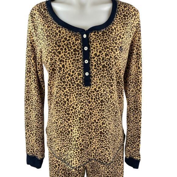Tommy Hilfiger Beige Black Leopard Henley Thermal Sleepwear Pajama Set Size M - Picture 3 of 6